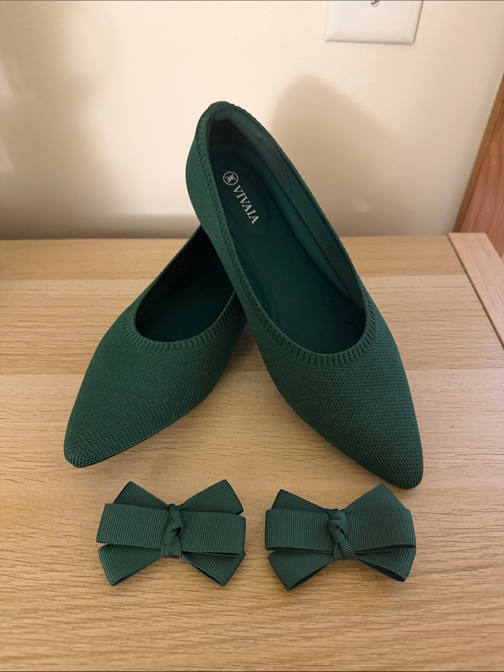 Vivaia Pointed Toe Bow Flats | Dark Green